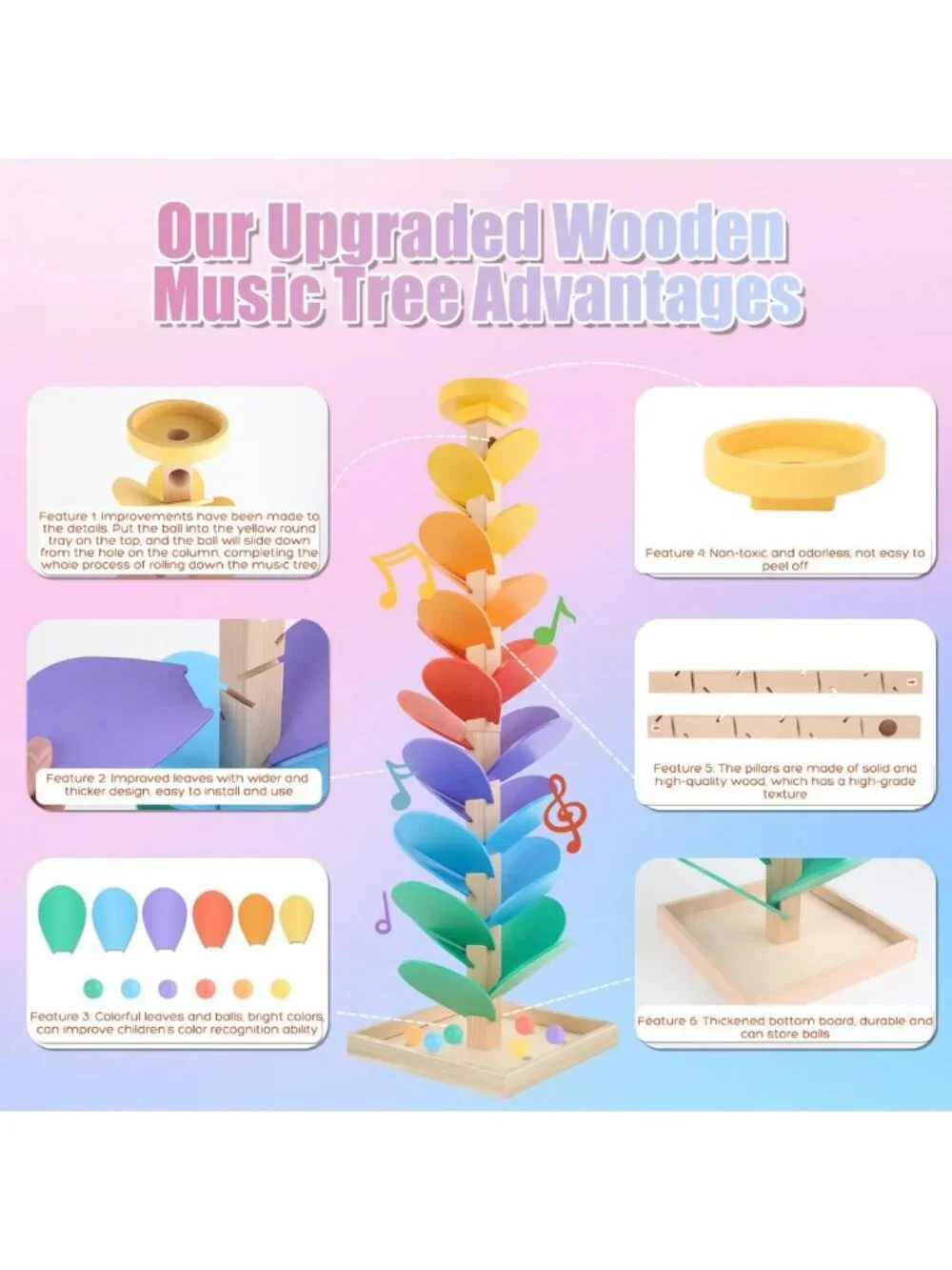 Wooden Marble Run Music Tree Toy | Montessori Learning Game for Kids 3+ | Color